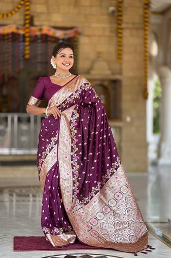 Wine Banarasi silk blend saree with zari weaving Meenakari design