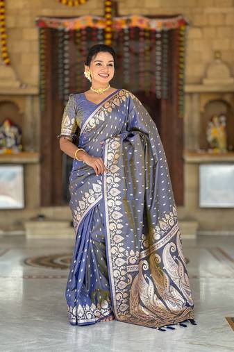 Grey Banarasi silk blend saree with zari weaving Meenakari design