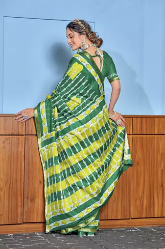 Green modal mulcotton bagru block print saree with unstitched blouse piece