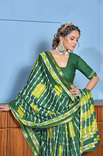 Green modal mulcotton bagru block print saree with unstitched blouse piece