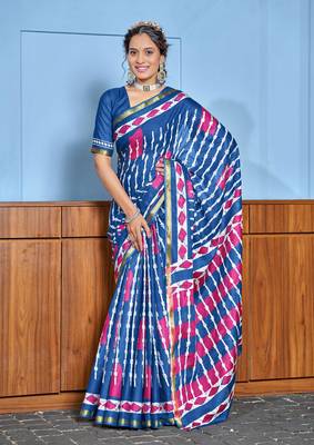 Blue modal mulcotton bagru block print saree with unstitched blouse piece 1