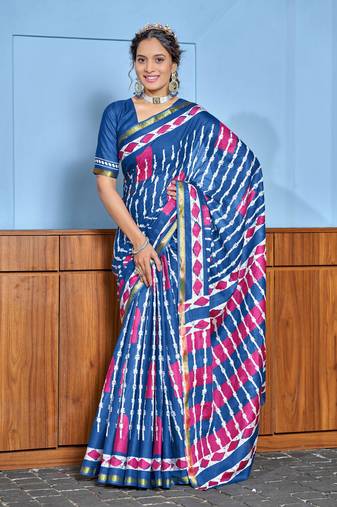 Blue modal mulcotton bagru block print saree with unstitched blouse piece