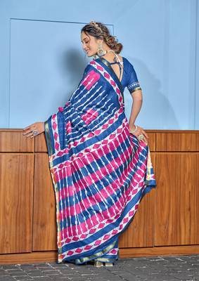 Blue modal mulcotton bagru block print saree with unstitched blouse piece 2