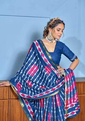 Blue modal mulcotton bagru block print saree with unstitched blouse piece 3