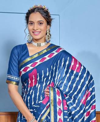 Blue modal mulcotton bagru block print saree with unstitched blouse piece 4