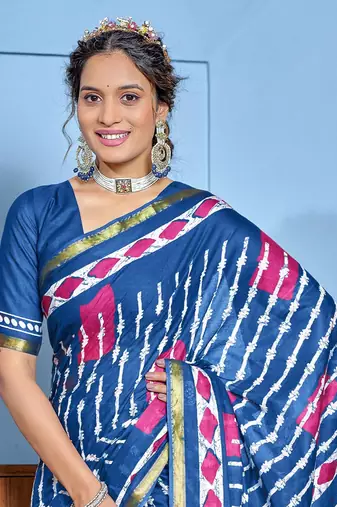 Blue modal mulcotton bagru block print saree with unstitched blouse piece