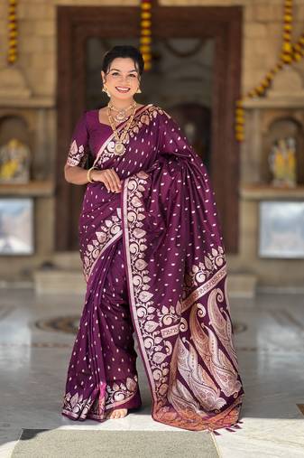 Wine Banarasi silk blend saree with zari weaving Meenakari design