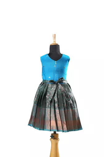 Green plain zari work banarasi copper twin leaf baby frock for kids