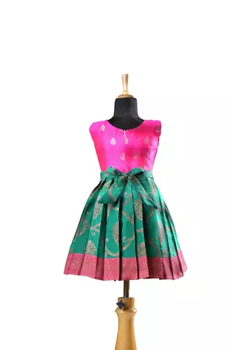 Green plain zari work banarasi antique pendent baby frock for kids