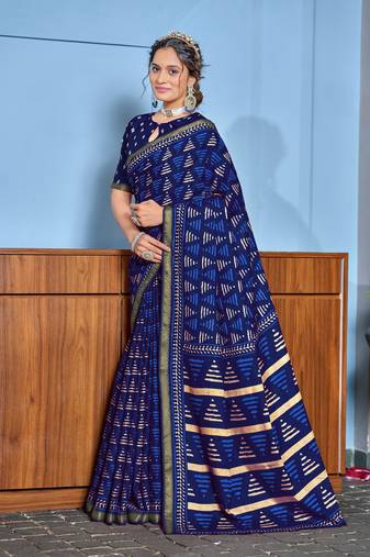 Blue modal mulcotton bagru block print saree with unstitched blouse piece