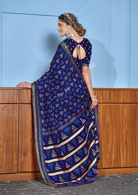 Blue modal mulcotton bagru block print saree with unstitched blouse piece 2