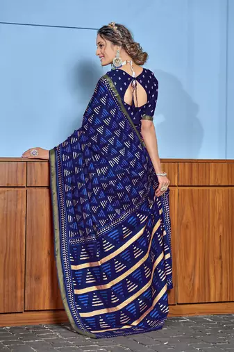 Blue modal mulcotton bagru block print saree with unstitched blouse piece