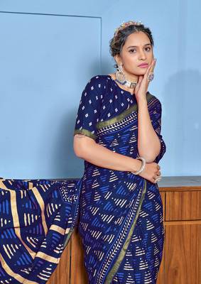 Blue modal mulcotton bagru block print saree with unstitched blouse piece 3
