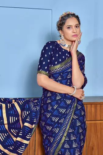 Blue modal mulcotton bagru block print saree with unstitched blouse piece
