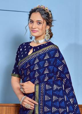 Blue modal mulcotton bagru block print saree with unstitched blouse piece 4