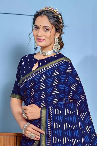 Blue modal mulcotton bagru block print saree with unstitched blouse piece