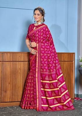Pink modal mulcotton bagru block print saree with unstitched blouse piece 1
