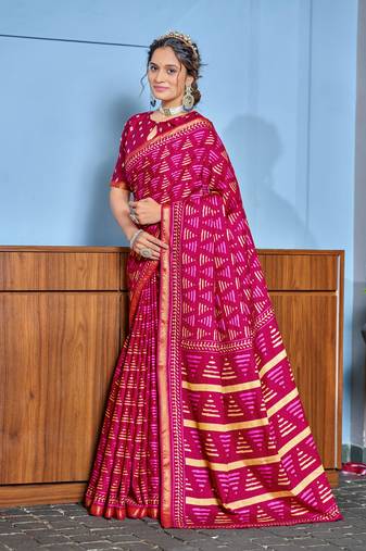 Pink modal mulcotton bagru block print saree with unstitched blouse piece