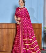 Pink modal mulcotton bagru block print saree with unstitched blouse piece