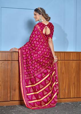 Pink modal mulcotton bagru block print saree with unstitched blouse piece 2