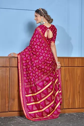 Pink modal mulcotton bagru block print saree with unstitched blouse piece