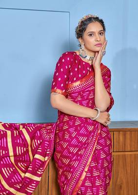Pink modal mulcotton bagru block print saree with unstitched blouse piece 3