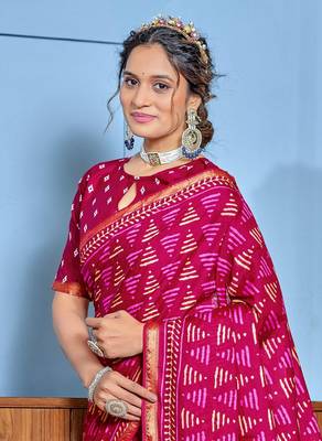 Pink modal mulcotton bagru block print saree with unstitched blouse piece 4