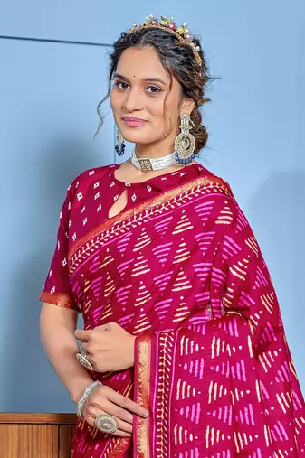 Pink modal mulcotton bagru block print saree with unstitched blouse piece