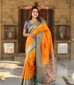 Mustard Banarasi silk blend saree with zari weaving Meenakari design