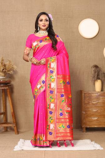 Pink Banarasi silk blend saree with zari weaving Meenakari design