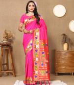 Pink Banarasi silk blend saree with zari weaving Meenakari design
