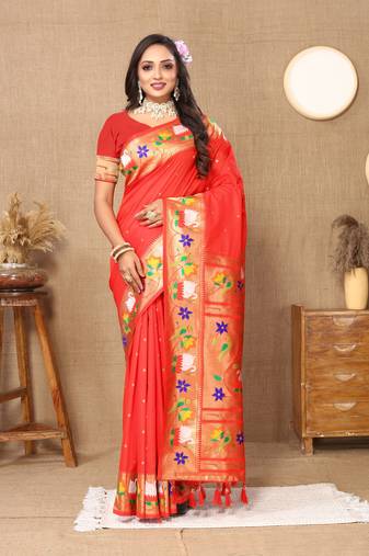 Red Banarasi silk blend saree with zari weaving Meenakari design