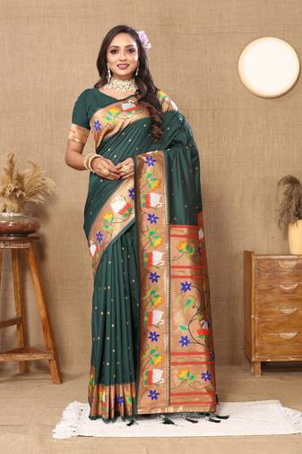 Green Banarasi silk blend saree with zari weaving Meenakari design