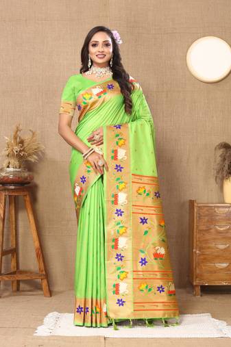 Lime Banarasi silk blend saree with zari weaving Meenakari design