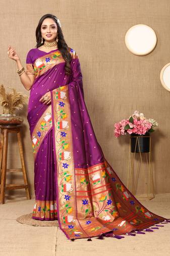 Wine Banarasi silk blend saree with zari weaving Meenakari design