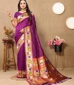 Wine Banarasi silk blend saree with zari weaving Meenakari design