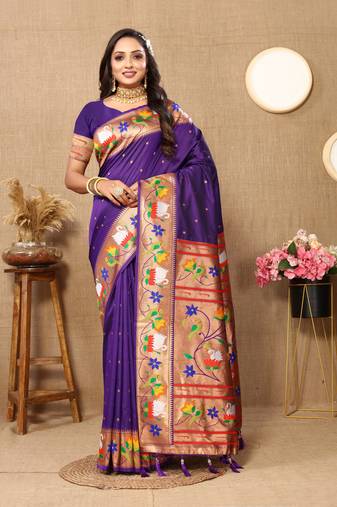 Purple Banarasi silk blend saree with zari weaving Meenakari design