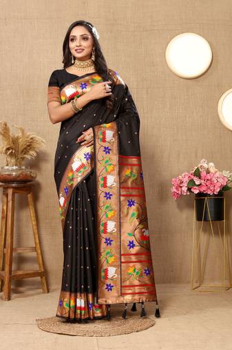 Black Banarasi silk blend saree with zari weaving Meenakari design