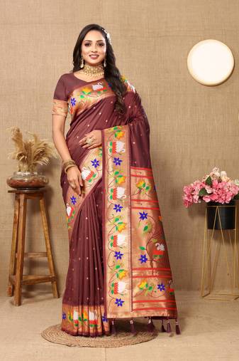 Brown Banarasi silk blend saree with zari weaving Meenakari design