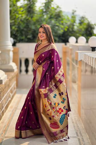Wine Banarasi silk blend saree with zari weaving Meenakari design