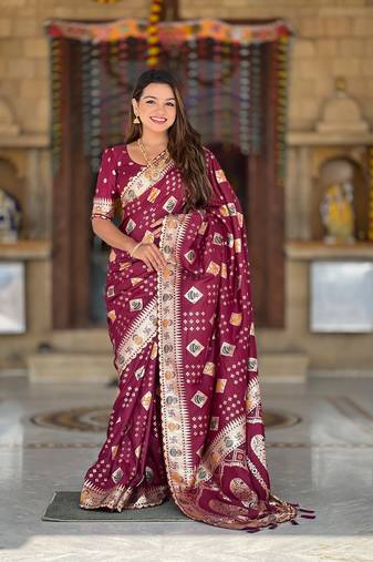 Maroon Banarasi silk blend saree with zari weaving Meenakari design
