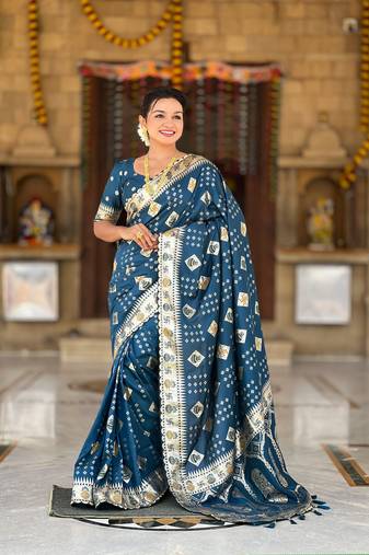 Teal Banarasi silk blend saree with zari weaving Meenakari design
