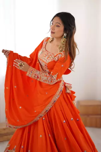 Orange coding dori with sequin embroidery silk lehenga choli