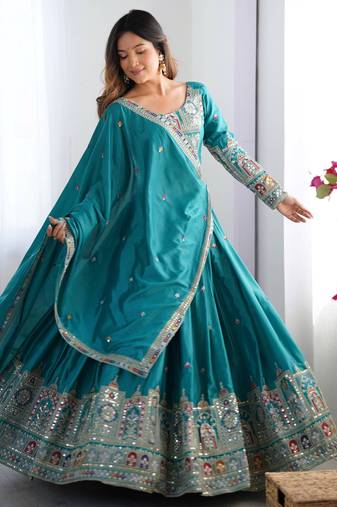 Teal Green coding dori with sequin embroidery silk lehenga choli