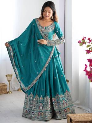 Teal Green coding dori with sequin embroidery silk lehenga choli 3