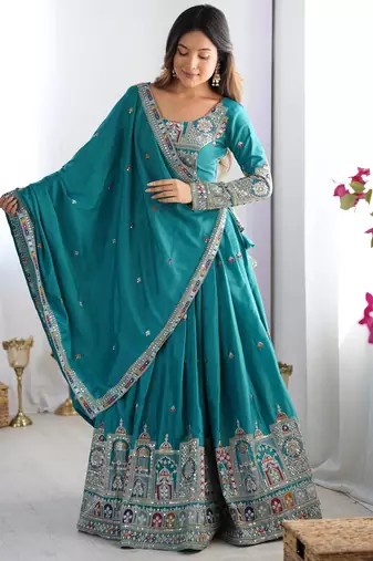 Teal Green coding dori with sequin embroidery silk lehenga choli