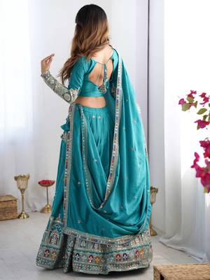 Teal Green coding dori with sequin embroidery silk lehenga choli 4