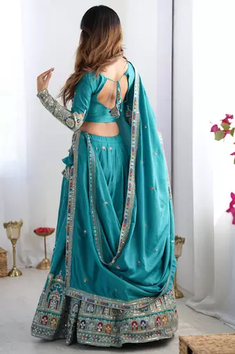 Teal Green coding dori with sequin embroidery silk lehenga choli