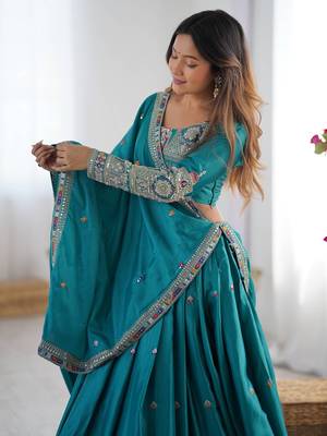 Teal Green coding dori with sequin embroidery silk lehenga choli 5