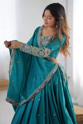 Teal Green coding dori with sequin embroidery silk lehenga choli